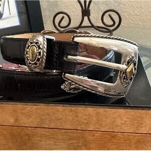 BRIGHTON Women's Black Belt Textured Leather Ornate Silver Gold SZ M L 32 #40383